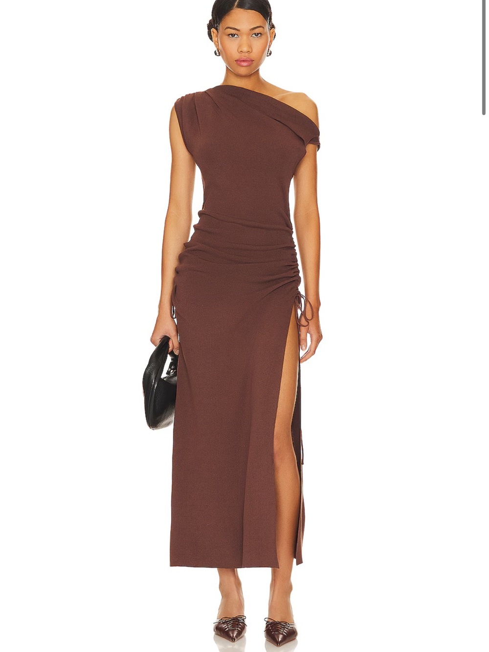 Lioness Brown One-Shoulder Ruched Side-Slit Maxi Dress